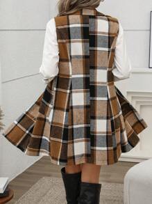 SHEIN Clasi Fashionable & Elegant Sleeveless Cinched Waist Plaid Blazer For Work
