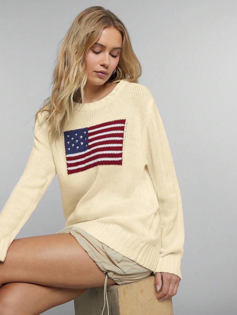 SHEIN EZwear 女士国旗图案圆领长袖毛衣 - 杏色 - 查看 1