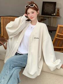 DAZY 女式秋冬字母印花落肩休闲卫衣夹克 - 杏色 - 查看 5