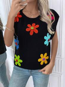 SHEIN LUNE Pull sans manches à col en V ample avec motif floral pour femme, pour l'automne et l'hiver - Noir - Voir 3
