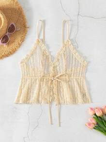 SHEIN Swim Women's Vacation Solid Color Frill Trim Belted Camisole And Kimono Cover-Up Set Summer - Apricot - View 4