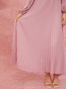 Enchnt 女士优雅纯色灯笼袖褶皱连衣裙，春夏 - 藕粉色 - 查看 6