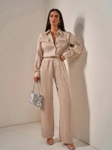 RueChic Cotton Pleated Shiny Special Textured Fabric Pocket Detailed Long Sleeve Shirt & Relaxed Fit Pant Stylish Two Piece Outfit