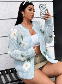 Flirla Áo len cardigan dài tay khoét lỗ họa tiết hoa cỡ lớn cho nữ, mùa thu/đông - Nhiều màu - Xem 10