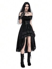 ROMWE Goth 暗黑哥特宫廷风露肩A字十字金属点缀女式中长连衣裙 - 黑色 - 查看 4