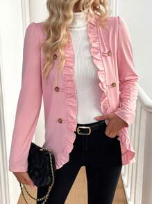 SHEIN LUNE 纯色前扣长袖荷叶边下摆休闲夹克