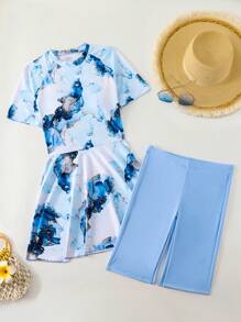 Damen Burkini Badeanzug mit Rundhalsausschnitt, Raglanärmeln und Marmorprint für den Sommer Strandurlaub - Verschiedenfarbig - Übersicht 8