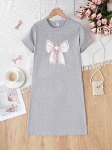 Camisón de manga corta con estampado de gato simple para niña preadolescente, ropa de verano para viajes y relajación - Gris Claro - Ver 3
