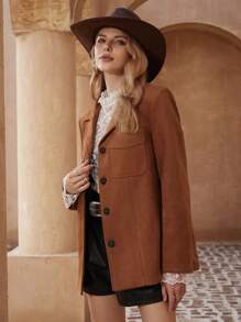 SHEIN Privé Versatile Fashionable Retro OL Commute Suede Chest Pocket Design Long Sleeve Blazer Jacket
