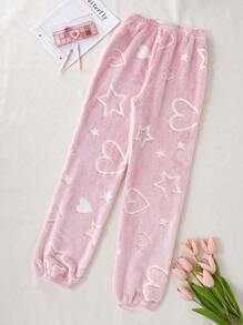 Women's Heart & Star Jacquard Fleece Fluffy Sleep Pants, Thick Winter, For Fall Winter, Cozy - Baby Pink - View 2