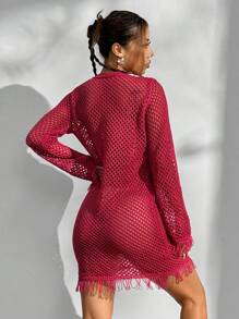 SHEIN Unity Women's Solid Color Round Neck Sheer Long Sleeve Casual Elegant Dress - Hot Pink - View 2