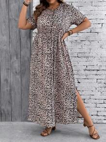 SHEIN VCAY Plus Size Leopard Print Short Sleeve Round Neck Holiday Dress - Multicolor - View 5