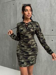 SHEIN Essnce 女式春夏长袖孔眼系带口袋修身迷你连衣裙 - 彩色 - 查看 9