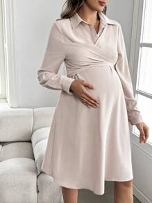 SHEIN Maternity Long Sleeve Button Up Polo Dress, Suitable For Fall/Winter, Pregnancy, Teacher, Baby Shower