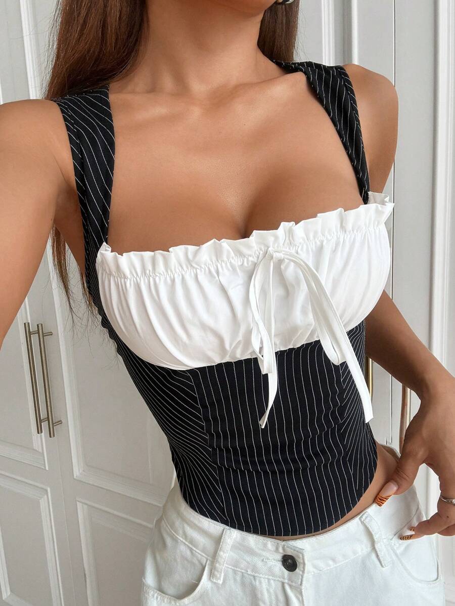 SHEIN EZwear Camiseta ajustada sin mangas de mujer con volantes y lazada al frente a rayas - Multicolor - Ver 1