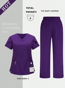 TaskEZ Plus Size Solid Color V-Neck With Pockets Short Sleeve Top And Pants Uniform Scrub Set - Purple - View 1