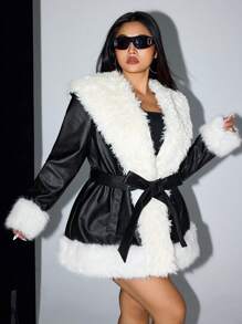 SHEIN ICON Plus Contrast Fleece-Trimmed Drawstring PU Leather Jacket - Black and White - View 5