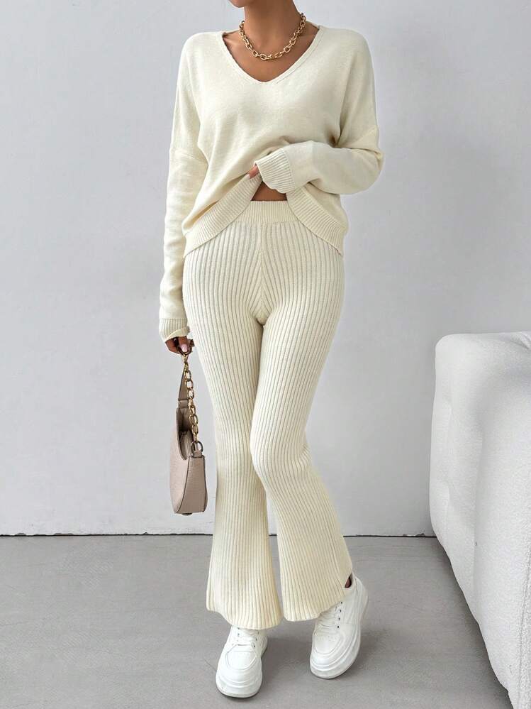Chiquease 2pcs Fashionable Versatile Flared Women Sweater Set Fall Cloth For Women - Apricot - View 3