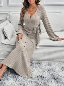 Chiquease Vestido de mujer unicolor con cordones - Caqui - Ver 5