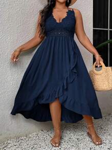 SHEIN VCAY Plus Size Casual Holiday Patchwork Ruffle Strap Dress,Beach Dress Sundress,Holiday Outfits Boho