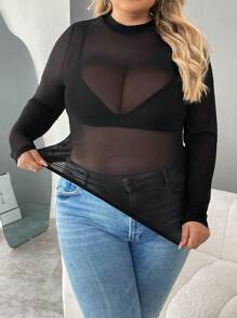 SHEIN CURVE+ Curve Plus Mock Neck Sheer Mesh Top Without Tube, For Winter - Black - View 6