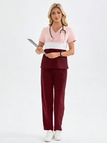 TaskEZ 撞色 V 领短袖口袋衬衫和裤子制服套装