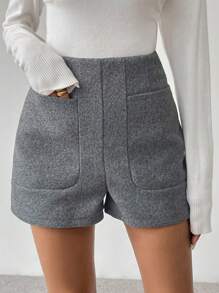 SHEIN Clasi 女士纯色休闲口袋短裤 - 灰色 - 查看 3