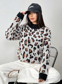 Chiquease Leopard Jacquard Knit Casual Loose High-Neck Long Sleeve Pullover Sweater Knit Pullover Fall Winter Outfit