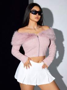 SHEIN ICON Plus Áo khoác hở vai viền lông ngắn màu hồng, cho mùa đông - Hồng - Xem 4