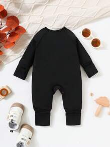 Baby Boy Solid Black Full Zip Long Sleeve & Leg Jumpsuit - Black - View 2