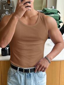 DAZY 男式厚圆领罗纹针织无袖背心 - 駝色 - 查看 5