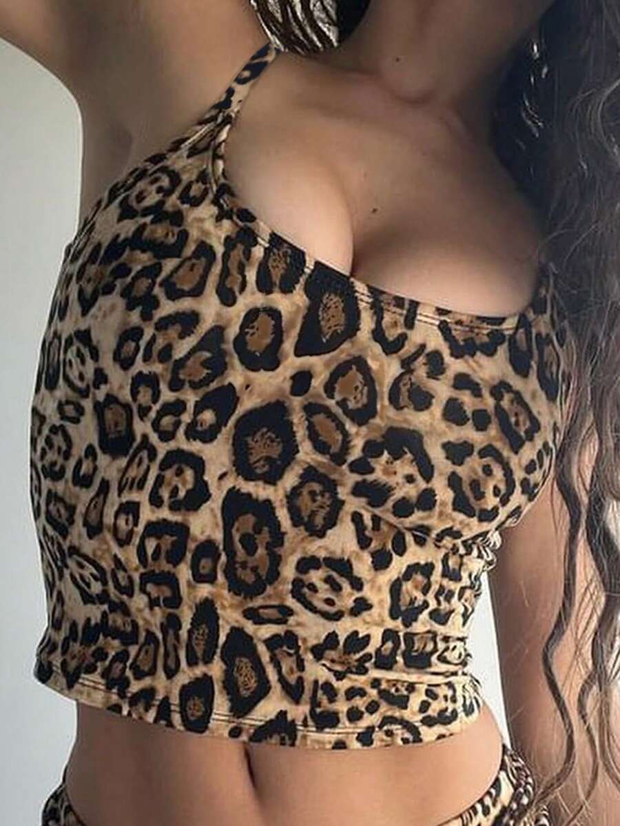 SHEIN EZwear 大码豹纹无袖吊带背心，露背设计，夏季 - 彩色 - 查看 1