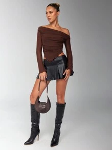 SHEIN BAE 纯棕色不对称下摆褶饰不对称肩部网眼针织长袖上衣，秋季女式上衣，露肩上衣 - 咖啡棕 - 查看 5