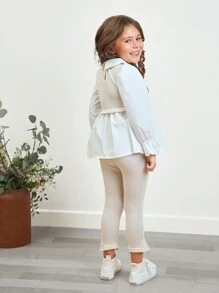 SHEIN 年輕女孩字母拼貼喇叭袖 2 合 1 上衣和褲子 - 杏色 - 查看 2