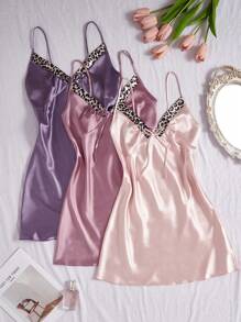 3pcs Leopard Print Contrast Collar Knotted Faux Silk Nightgown Set For Women - Multicolor - View 3