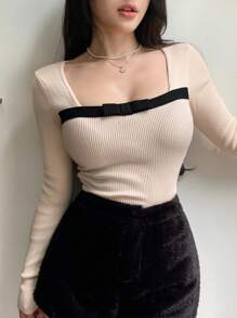 DAZY Áo len dài tay ôm sát màu sắc cho nữ, Áo dài tay, Quần áo mùa thu cho nữ - Đen và trắng - Xem 1