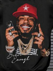 SHEIN Bolty Tween Boy Loose Fit Graphic Print Drawstring Hoodie Sweatshirt, Suitable For Fall/Winter - Black - View 2