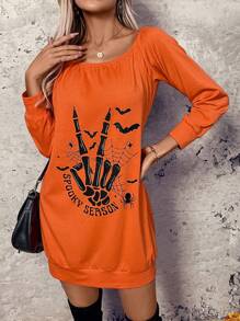 SHEIN LUNE Halloween Off Shoulder Mini Dress Women Horror Season Skeleton Print Autumn Tops & Dress