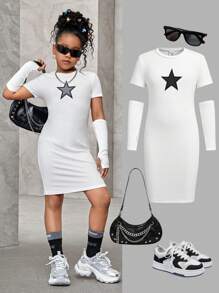 女童星形图案短袖连衣裙