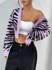 SHEIN Unity 女士全印花 V 领休闲长袖前扣开衫 - 紫色 - 查看 4