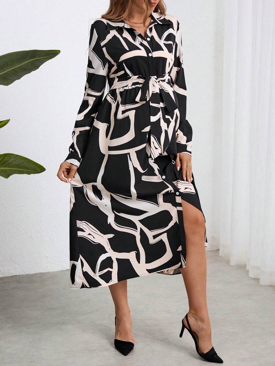 SHEIN Maternity Casual Button Down Loose Fit Long Dress, Autumn - Black - View 1