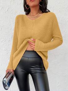 EURMUSE Batwing Sleeve Ribbed Knit Jumper
