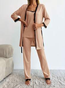 RueChic 100% 纯棉 3 件套女式蕾丝拼布蝴蝶结装饰吊带背心 + 长袖上衣 + 裤子睡衣套装 - 米色 - 查看 5