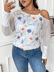 SHEIN Unity 大码女式不对称领露肩长袖花卉印花时尚上衣 - 白色 - 查看 3