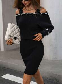 GENKIRA 1set Off-Shoulder Long Sleeve Beaded Sweater And Suspender Sweater Mini Skirt 2pcs - Black - View 4