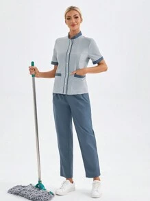 TaskEZ Set de 2 piezas de uniforme quirúrgico con cuello alto de un solo abotonadura, bolsillos y pantalones en colores contrastantes
