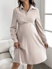 SHEIN Maternity Long Sleeve Button Up Polo Dress, Suitable For Fall/Winter, Pregnancy, Teacher, Baby Shower