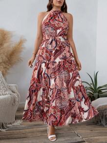 SHEIN LUNE 大码佩斯利印花系带吊带连衣裙优雅女士连衣裙秋装 - 紅色 - 查看 1