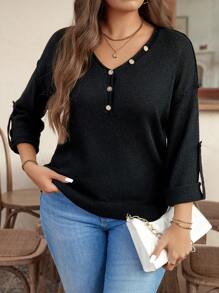 SHEIN LUNE Plus Size Women's Solid Color Button Decorated Long Sleeve Sweater