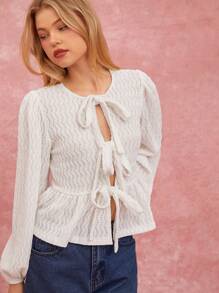 Women's Round Neck Long Sleeve Tie Front Casual Fashion Blouse - Pink - View 5